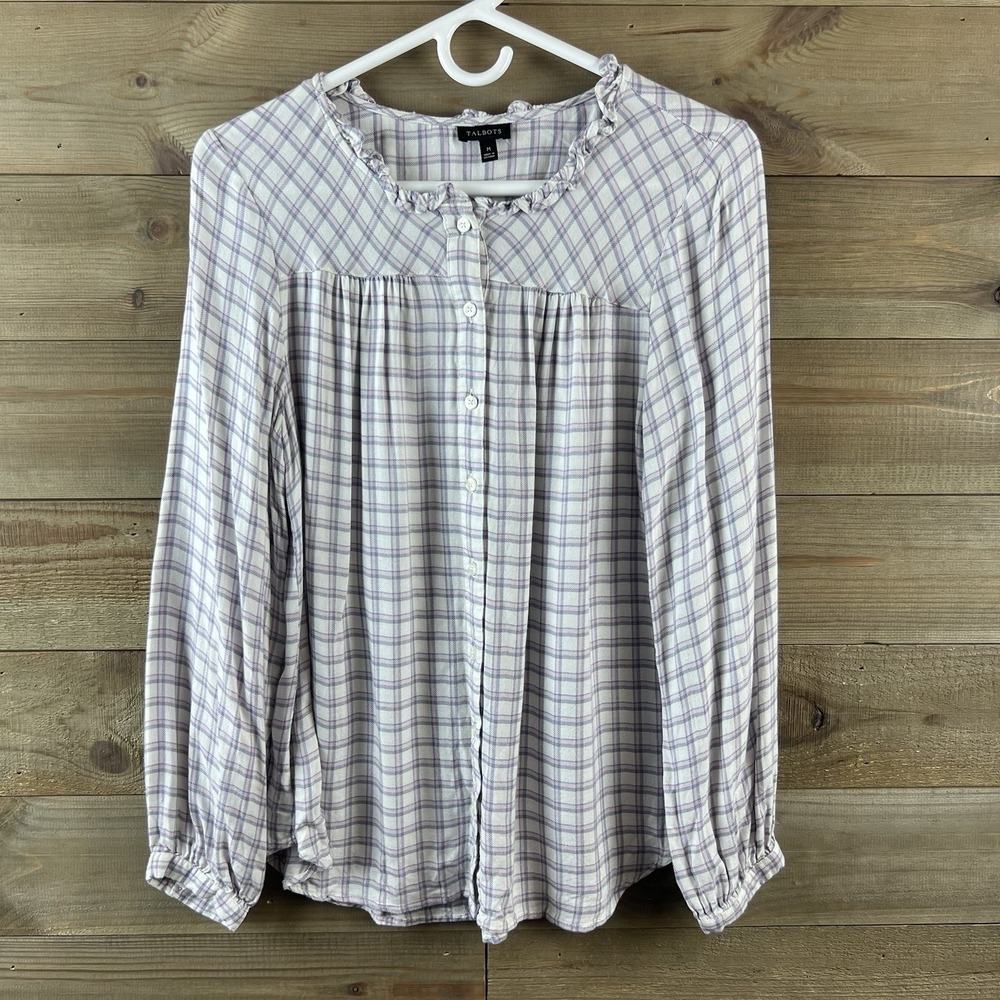 Talbots Womens‎ Shirt Long Sleeve Button Up Plaid Ruffle Pleated Soft Medium